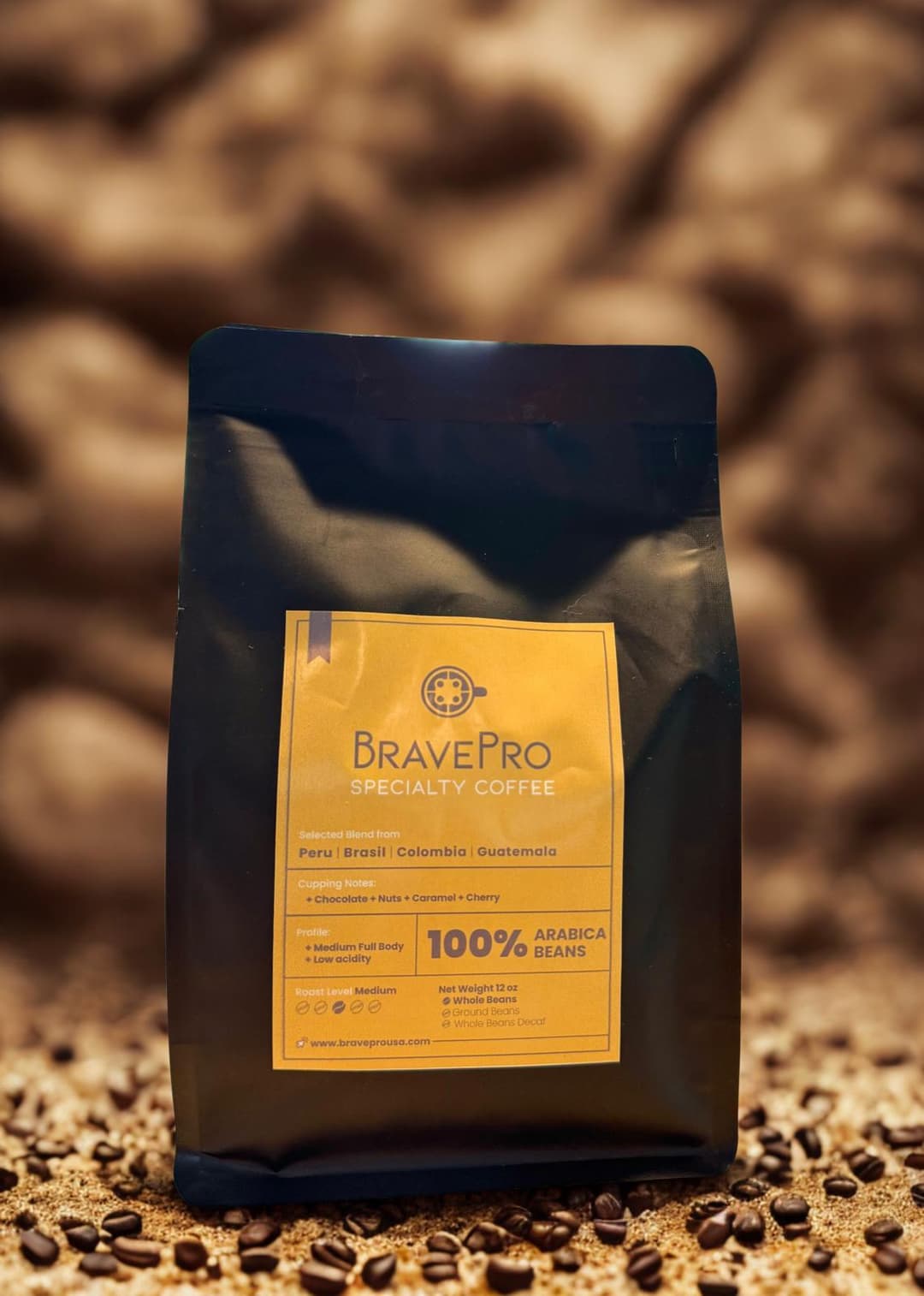 BravePro Specialty Coffee 12oz bag with coffee beans background